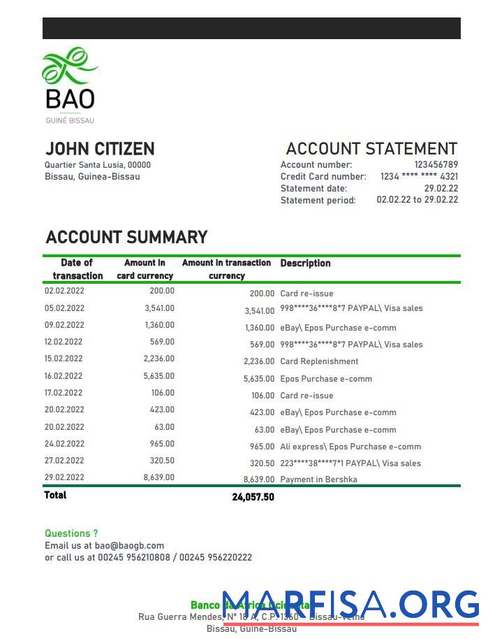 Downloadable Guinea Bissau Banco da Africa Ocidental bank statement excel template